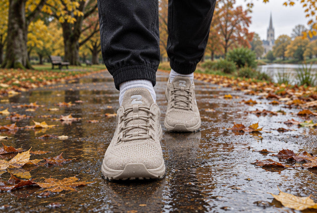 Oszea Tasman Essentials in Coastal Sand on a leafy wet park path in Christchurch