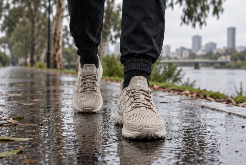 Oszea Coastal Sand sneakers on a wet riverside path in Adelaide