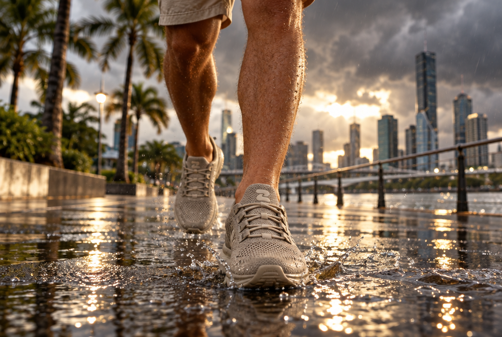 Oszea Coastal Sand sneakers on a Brisbane riverside walk during a summer storm