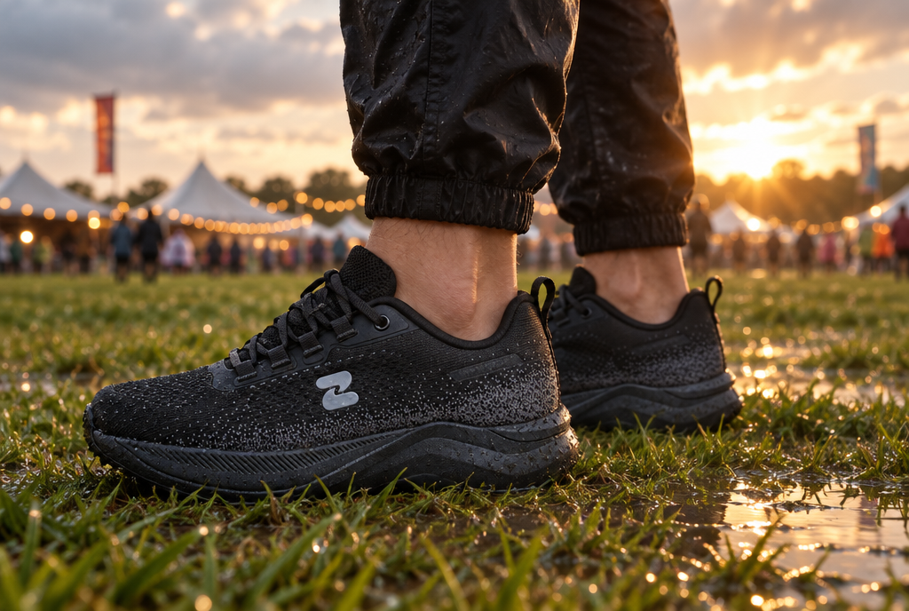 Black Oszea sneakers on wet grass at an outdoor festival