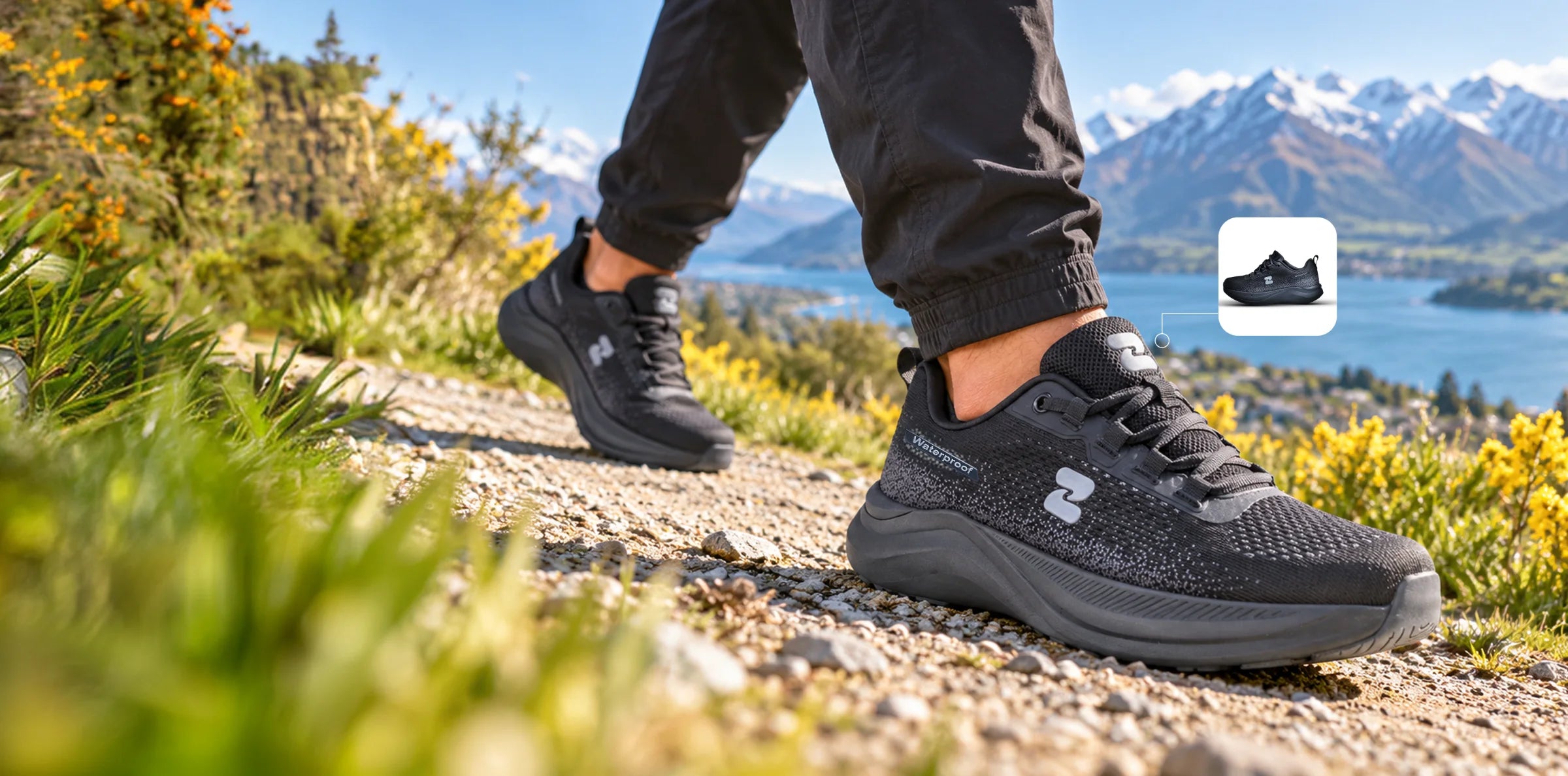 Black OSZEA shoes on a mountain trail